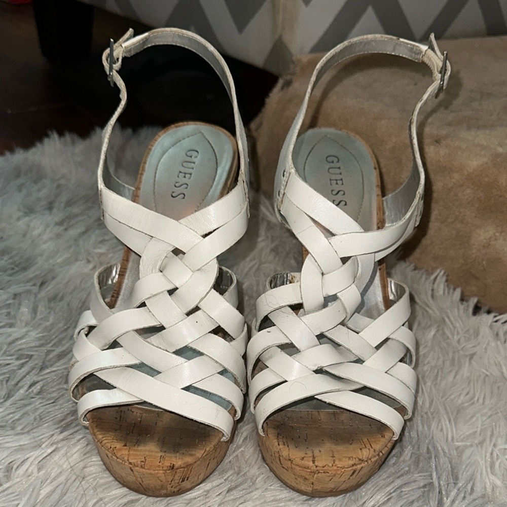 GUESS White Strappy Wedge Sandals
